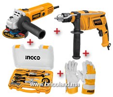 Pack perceuse + meuleuse + coffret à outils + gants - INGCO