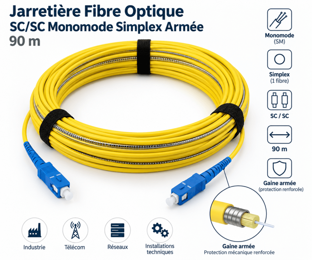 Jarretière Fibre Optique SC/SC Monomode Simplex Armée – 90 m